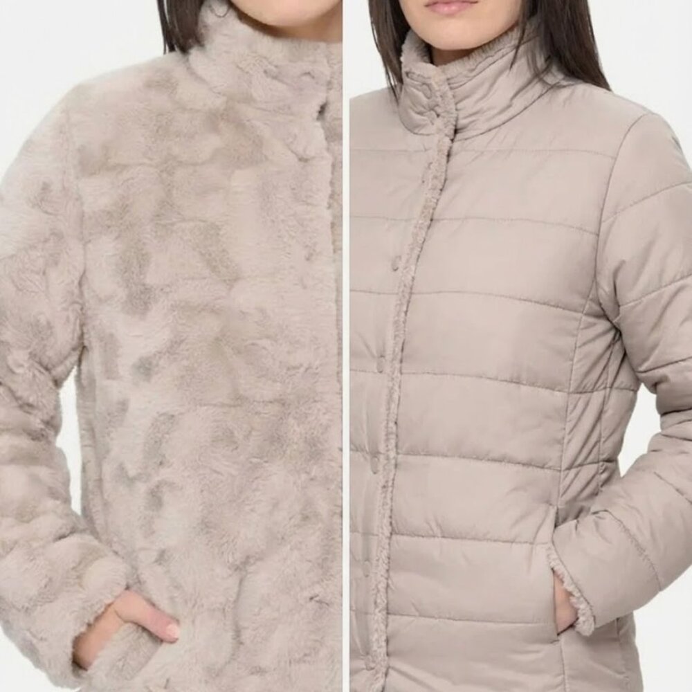 NWT Nicole Miller Reversible Faux Fur Puffer Jacket Tan Size Small